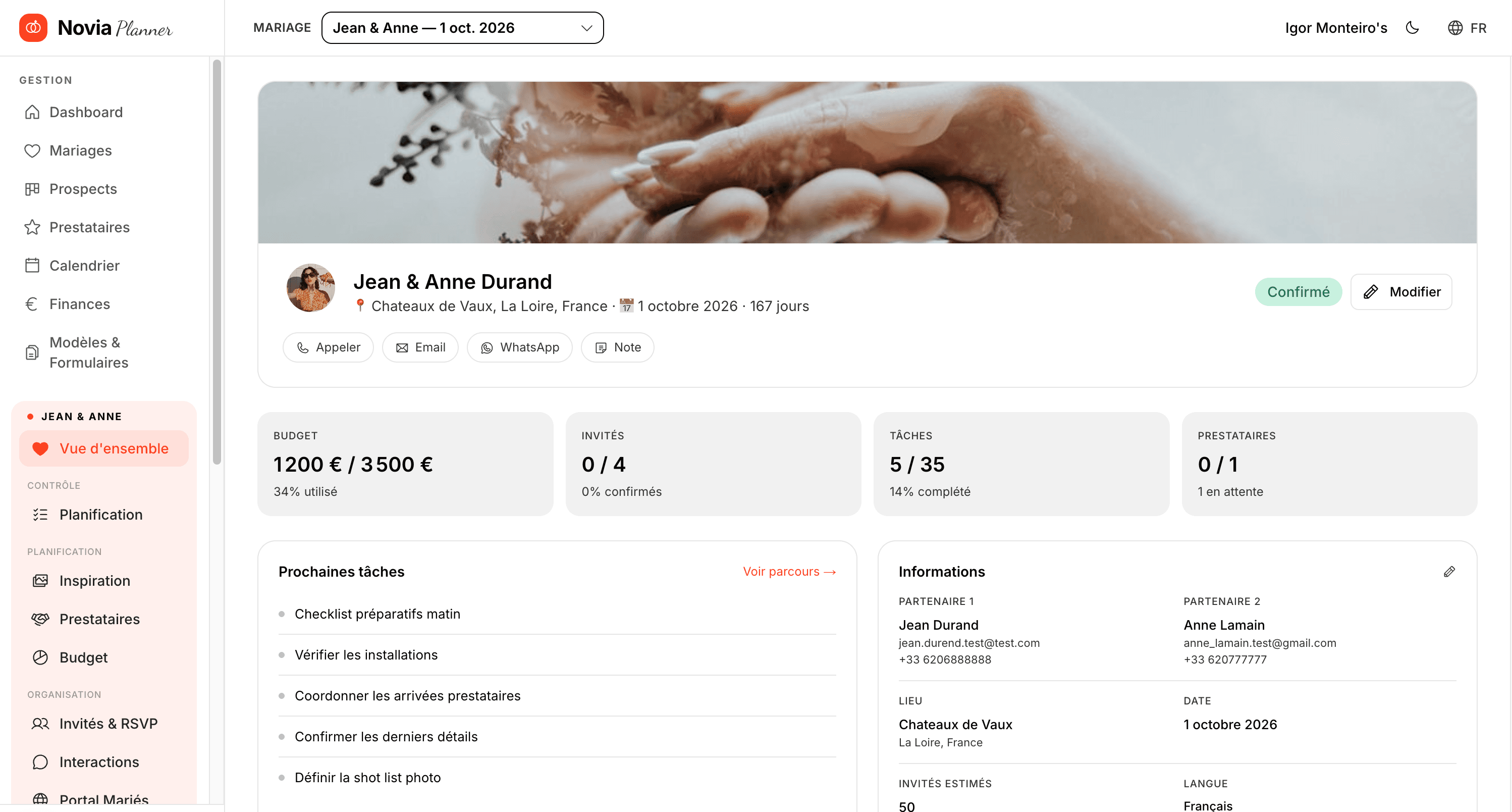 Novia dashboard